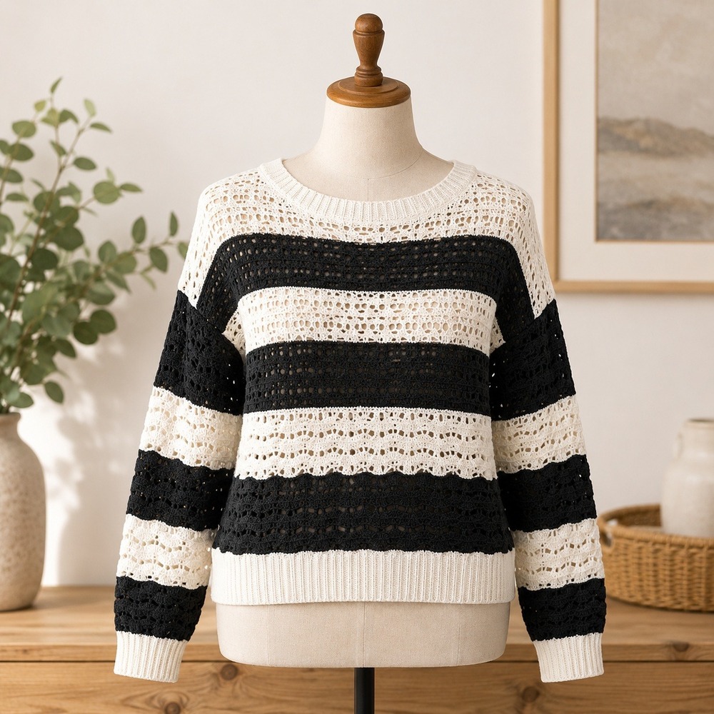 NWT Cupshe Sweater‎ Women XL Black White Striped Pointelle Knit CAA06D4M001CA